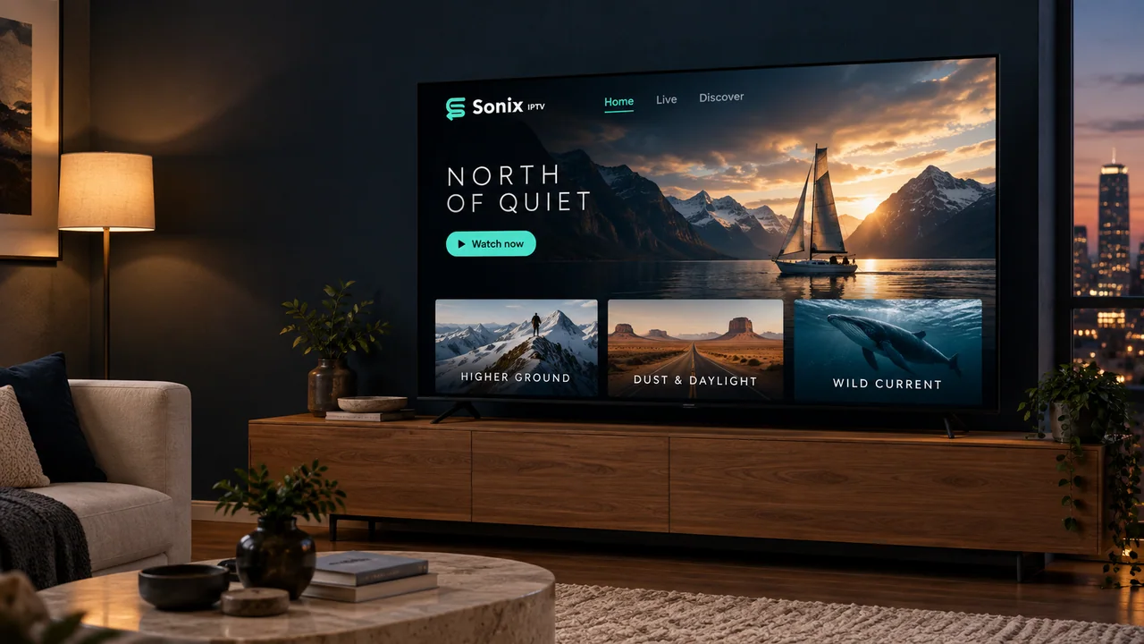 A Sonix IPTV browsing interface on a wall-mounted television in a warm, modern living room.