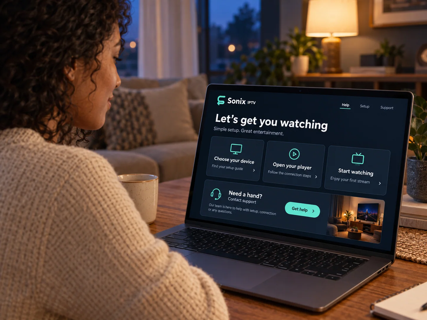 A person following Sonix IPTV setup guidance on a laptop at home.