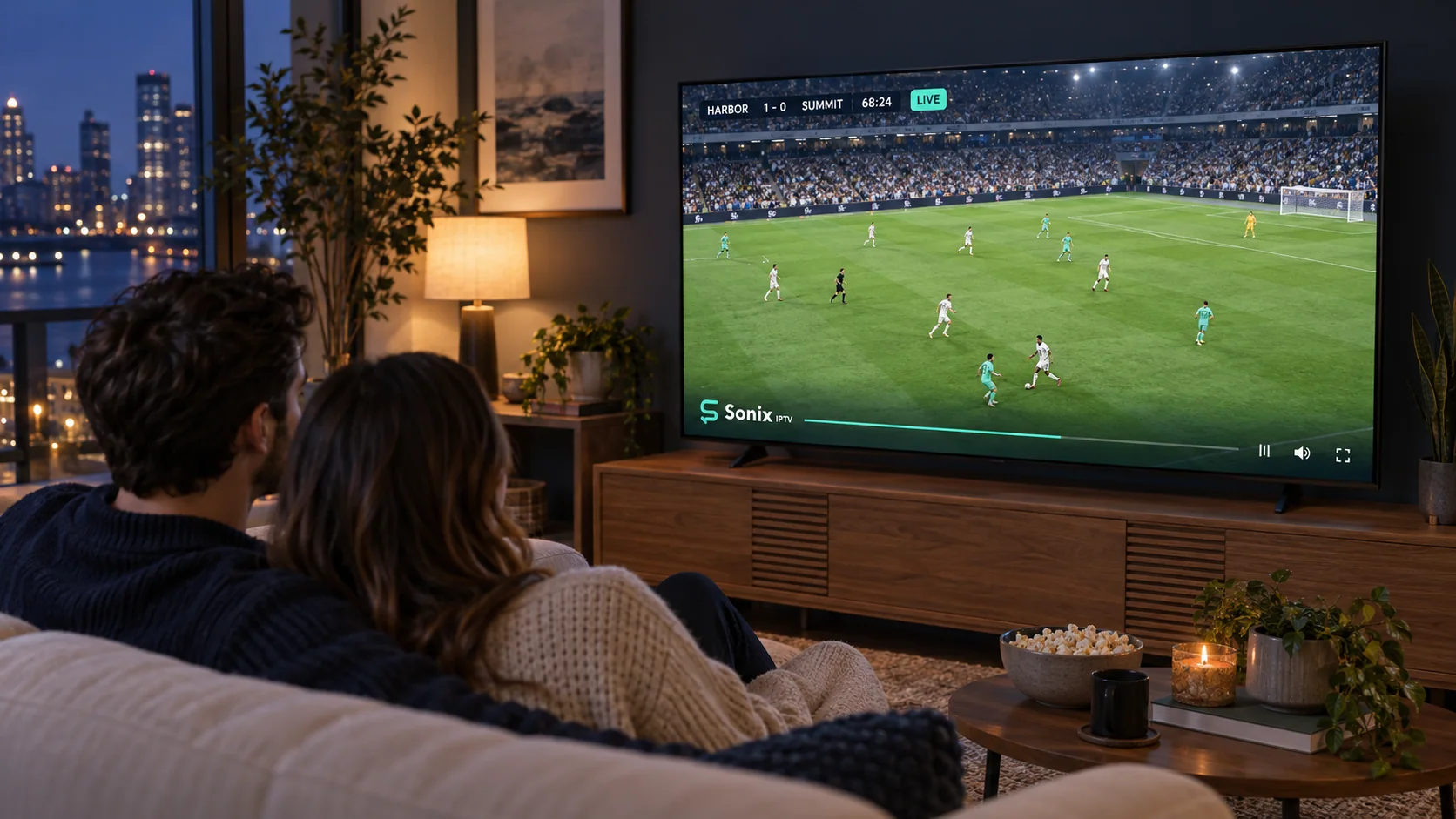 Two people watching a live match on a television in a comfortable living room.